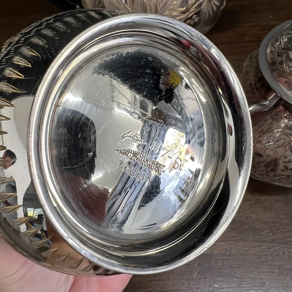 Vintage Wedding Silver Plated Floral Etched Footed Tea Set India, 1950 set of 3‎